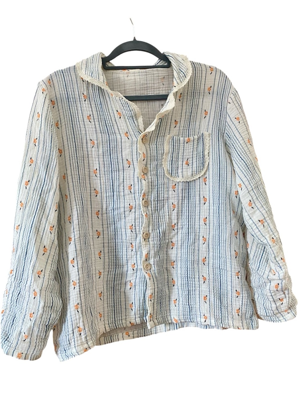 The Fleece Company Muslin Cotton Floral Stripe Pajama Top Lace Trim